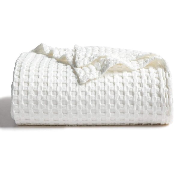 COTTON Waffle Weave Bamboo Blanket Queen Size Cream Soft Lightweight Bed Blanket - Picture 1 of 8